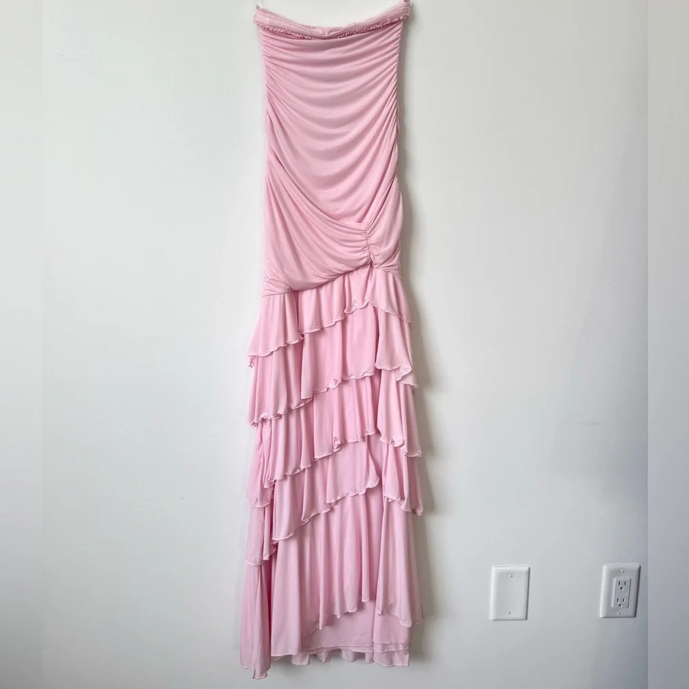 Oh Polly Hayami Bandeau Ruched Ruffle-Trim Maxi Dress in Blush - Size 2 - Picture 8 of 16